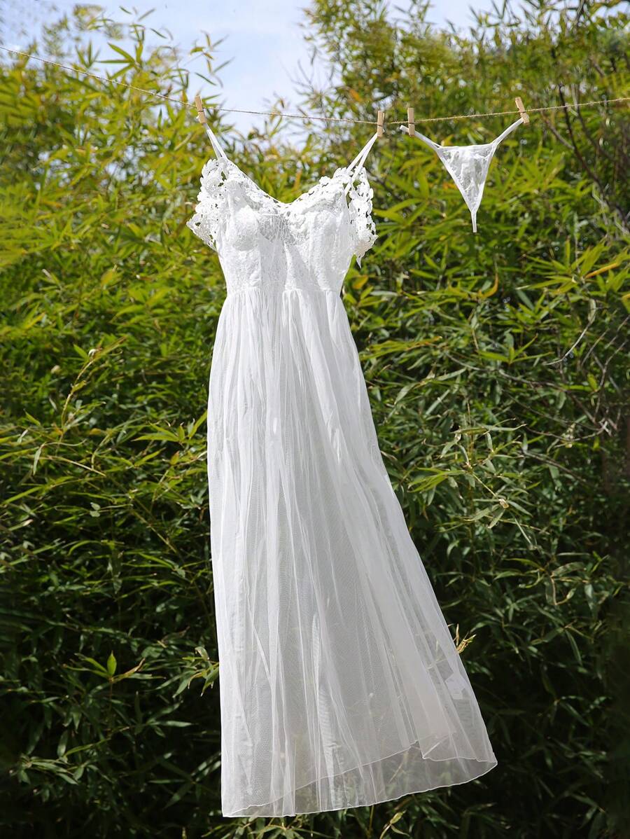 طقم قطعتين: فستان قطعة من الدانتيل + سروال داخلي، ملابس نوم نسائية بطباعة زهور رومانسية، مناسبة للزفاف - أبيض - مشاهدة 1