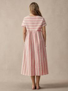 SHEIN Boho Maternity Patch Pocket Striped Dress - Red - View 2