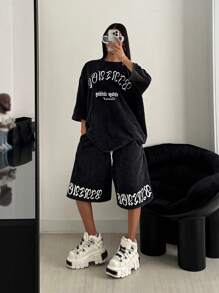 StreetHx Street Style Women Vintage Washed Loose Sports Printed 2 Pieces Set - Grey - View 3