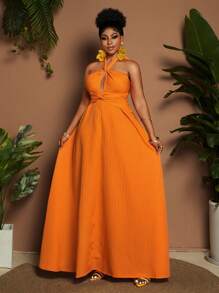 Maweii Plus Size Women Halter Neck Ruched Dress - Burnt Orange - View 1