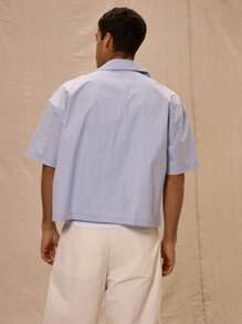 Musero Boxy Fit Oversized Pocket Detail Button Through Short Sleeve Shirt Spring&Summer - Blue - View 3