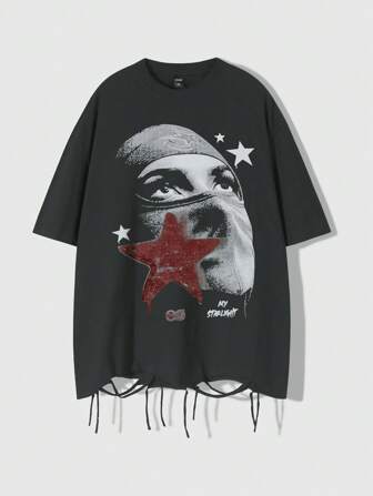Grunge Punk Camiseta para hombre con estampado de estrella de cinco puntas y figura desgastada, adecuada para uso diario, primavera/verano