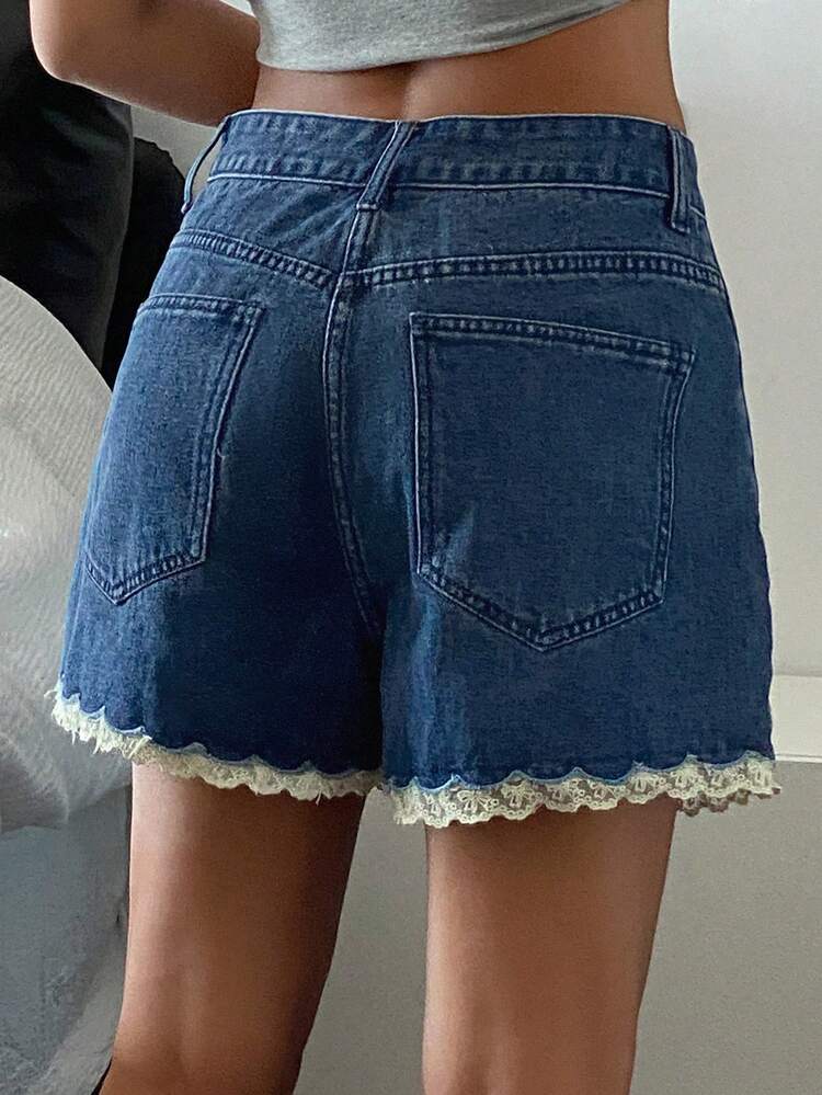 Women's Lace Trim Patchwork Denim Shorts Y2k Jorts