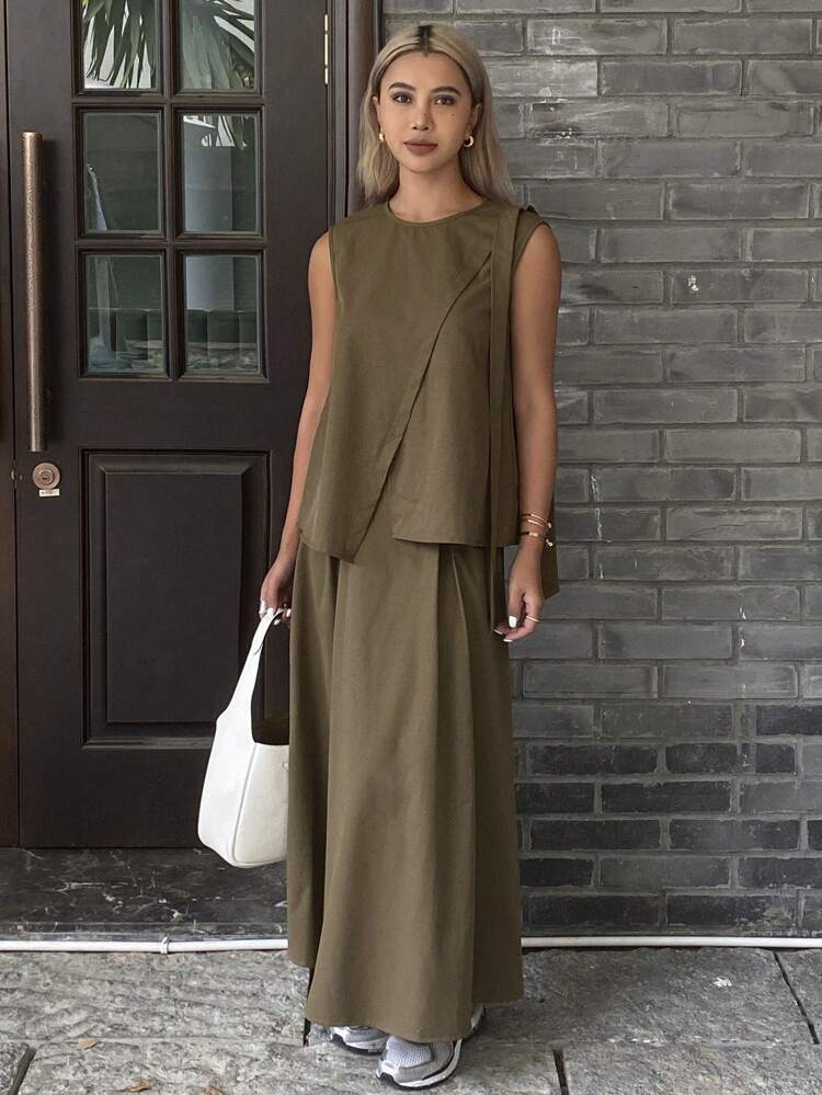 Women's Casual Round Neck Sleeveless Loose Shirt And High Waist Skirt 2 Pieces Set, Summer Countryside Style,Back To School Clothes