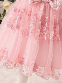 Baby Girl Sweet Jacquard Patchwork Embroidery Mesh Summer Dress - Pink - View 3