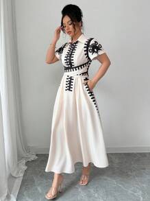 Elenzga Shirt Collar Single Placket Design Waist Twist Tie Dress