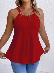 Breezaya Plus Size Casual Solid Color Round Decor Tank Top, Summer - Red - View 4