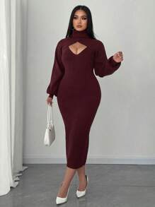 Celure Conjunto de 2 piezas de punto para mujer de talla grande - Vestido de suéter sin mangas de cuello en V + Jersey de cuello alto de manga corta abombada