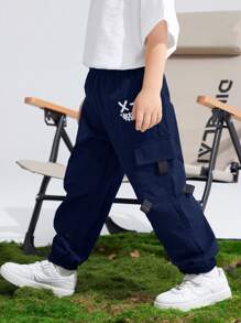 SHEIN Tween Boys' Casual Sports Graphic Patch Pocket Loose Drawstring Pants, Suitable For Commuting, School, Daily Casual, Travel, Sports, Spring/Summer/Autumn/Winter - Navy Blue - View 2