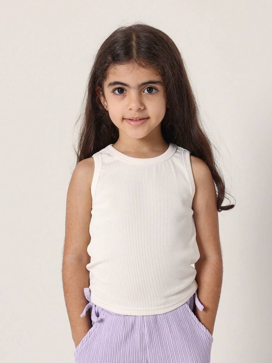 SUMWON 女孩罗纹背心无袖基本款夏季汗衫经典白色休闲吊带针织日常必备青少年基本款衣橱 - 杏色 - 查看 1