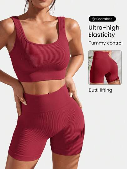 Ribbed Knit Wide Waistband Sports Set For Chinese New Year Workout Women Set Gym Women Outfit