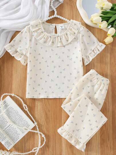 2件套女童碎花纹理绉纱蝴蝶结优雅休闲舒适圆领荷叶袖上衣和裤子杏色家居套装