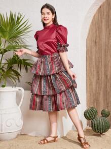 SHEIN Teen Girl Elegant Stand Collar Leg-Of-Gigot Sleeve Shirred Panel Shirt And Geometric Print Ruffle Hem Skirt 2 Pieces Set, Suitable For Ramadan, National Day, Eid Al-Fitr, Eid Al-Adha - Red - View 3