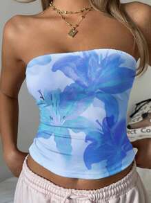 SHEIN EZwear 女士休闲露肩百合花卉印花紧身短款上衣，适合夏季和度假 - 白色 - 查看 6