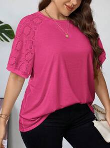 SHEIN Essnce Plus Size Women Top, Mixed Fabric Design - Hot Pink - View 7