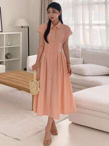 DAZY فستان قميص طويل ذو خصر مشدود وياقة للنساء باللون الأحادي - وردي مغبر - مشاهدة 8