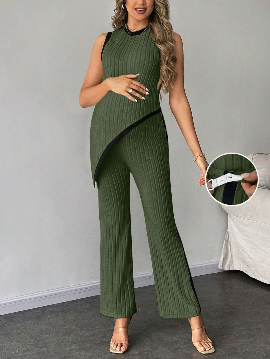 SHEIN 2pcs Maternity Contrast Trim Ribbed Sleeveless Top And Pants Set - Army Green - View 1