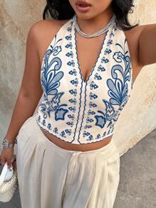 SHEIN Clasi Plus Size Women Plant Print Casual Halter Neck Tank Top - Multicolor - View 4