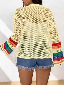 Flirla Cárdigan de punto con crochet y estampado floral para mujer de talla grande