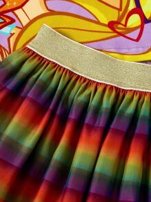 The Winx X SHEIN Young Girl Cartoon Magic Fairy Princess & Heart Print Purple Short Sleeve T-Shirt + Rainbow Mesh Puff Skirt Sweet Casual 2-Piece Set