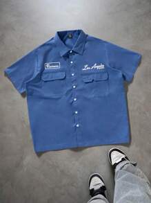 PAVTROS 男士宽松短袖纽扣衬衫，口袋装饰休闲衬衫，男士蓝色平摆简约标语印花休闲衬衫，休闲版型衬衫，街头服饰，休闲运动服，节日礼物，说唱歌手，INS 搭配单品，男友礼物