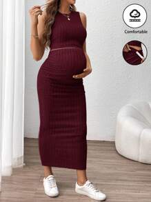 SHEIN 2 Pieces Ribbed Maternity Tank Top And Skirt Set, Solid Color, Summer Burgundy - Hot Pink - View 1