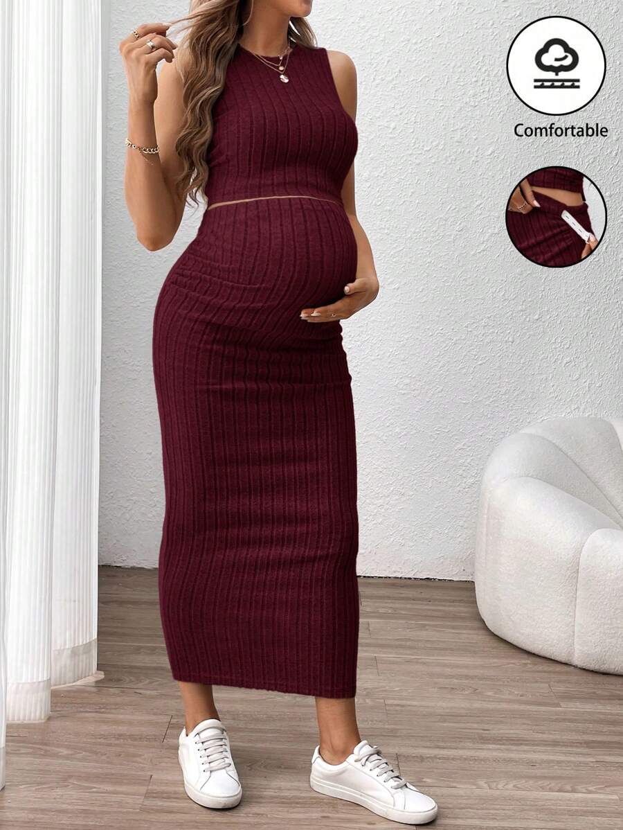 SHEIN 2 Pieces Ribbed Maternity Tank Top And Skirt Set, Solid Color, Summer Burgundy - Hot Pink - View 1