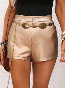 SHEIN LUNE Women Casual Solid Color Fashion Coated Music Festival Shorts Summer For Women Jorts Western Wear Women Biker Shorts Country Concert Rave - Champagne - View 1