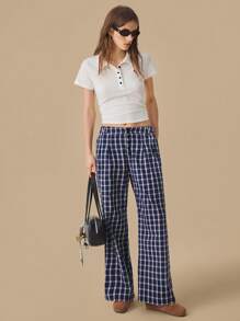 SHEIN Unity Women's Plaid Straight Leg Loose Casual Pants, Versatile, Summer For Women - Blue - View 1