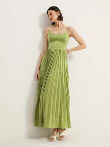 Chiquease Vestido largo elegante y romántico de estilo francés para mujeres, de color liso, con tirantes de espagueti, cintura alta y bajo plisado - Verde - Ver 1