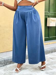 SHEIN MOD CURVE Women Plus Size Dark Blue Relaxed Fit Denim Pants,Summer Casual Vacation High Stretch Tummy Control Jeans,Spring Cottagecore Old Money Style Trousers - Blue - View 5