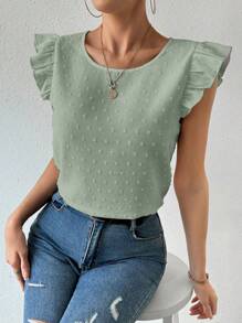 Chiquease Plain Round Neck Ruffle Hem Casual Summer Blouse, Versatile - Green - View 4