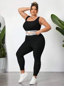 SHEIN CURVE+ Women's Plus Size Black Knitted Sporty Crop Top And Skinny Leggings Two Pieces Set
