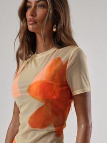 MUSERA Women Mesh Floral Print Slim Fit Top Vacation Sexy Ibiza Boho,See Through Top Festival Holiday Going Out Top Sales Clearance - Orange - View 3