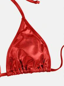 SHEIN Swim Women Solid Halter Neck Tankini Top And Briefs Swimsuit Set - Red - View 3