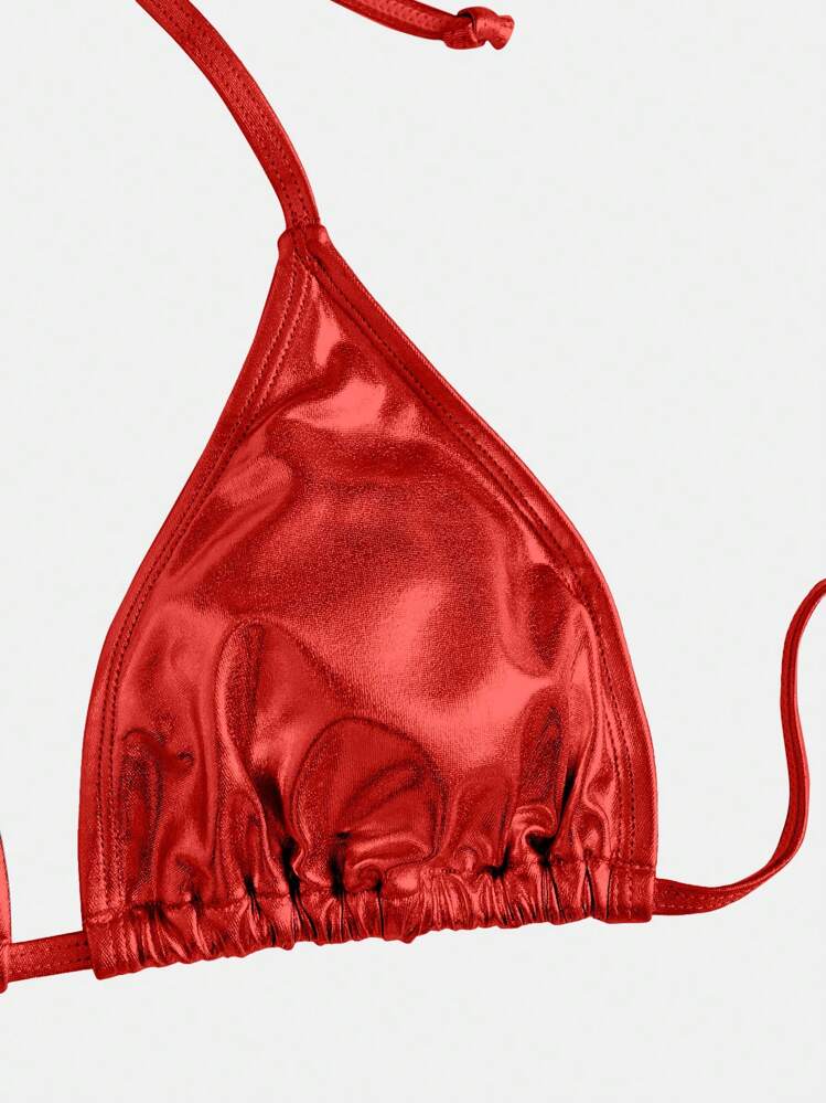 SHEIN Swim Women Solid Halter Neck Tankini Top And Briefs Swimsuit Set - Red - View 3