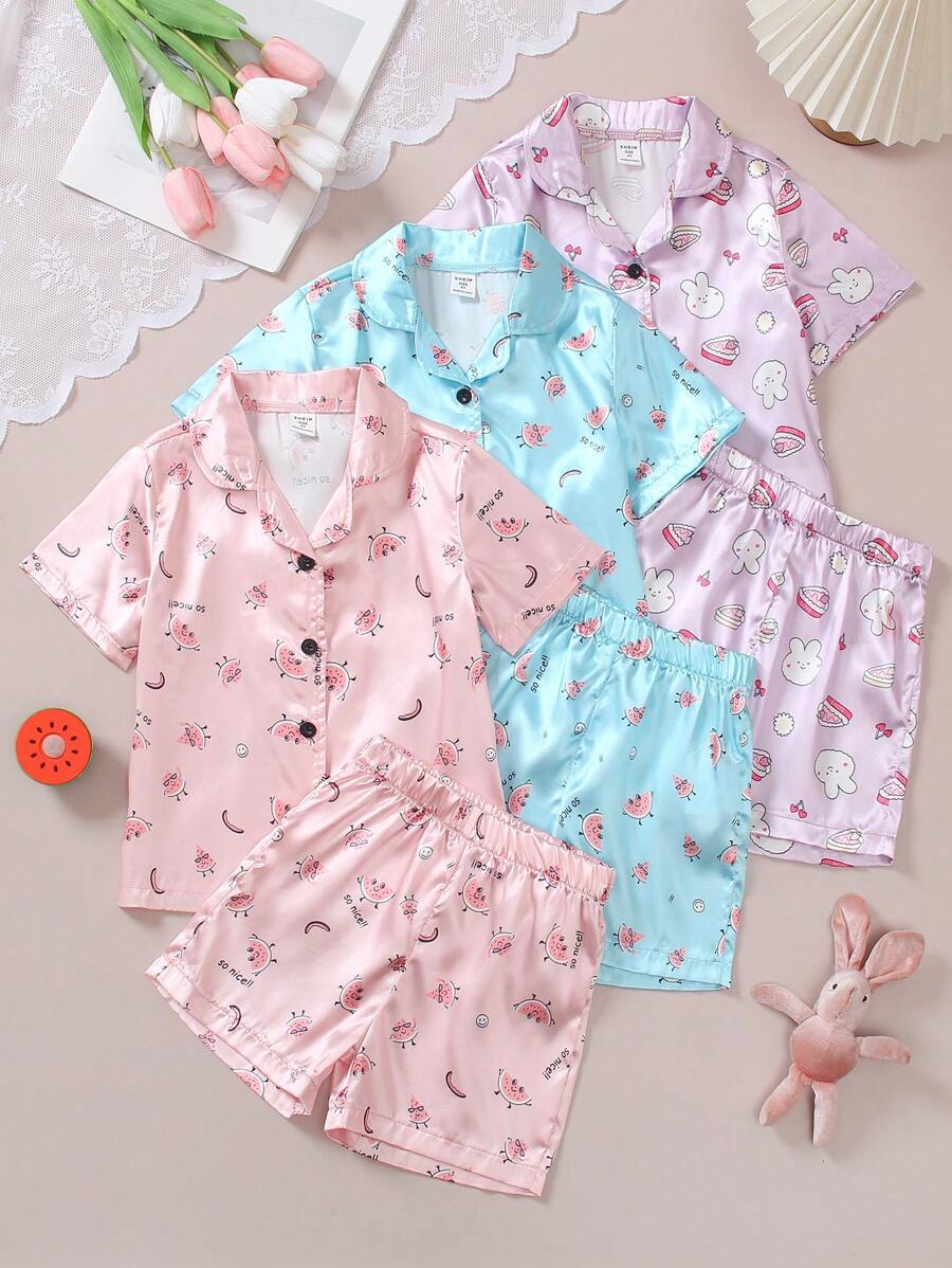 3件套:少女夏季可愛卡通西瓜、草莓、蛋糕、兔子印花緞面短袖鈕扣襯衫+短褲套裝 夏季短褲套裝 - 彩色 - 查看 1