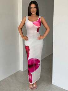 SHEIN SXY Women's Summer Floral Colorblock Sheer Mesh Bodycon Dress Sexy Boho Birthday Bachelorette Party Women Outfit Summer Vacation Holiday Beach BOHO