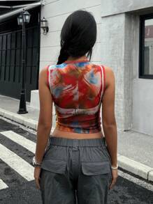 SHEIN EZwear Summer  Rave Outfits  All-Over Print Knitted Sleeveless Casual Tank Top For Women - Multicolor - View 2