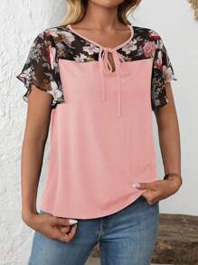 EMERY ROSE Women's Floral Print Ruffle Sleeve Patchwork Black Fabric Casual T-Shirt, Spring/Summer - Pink - View 4