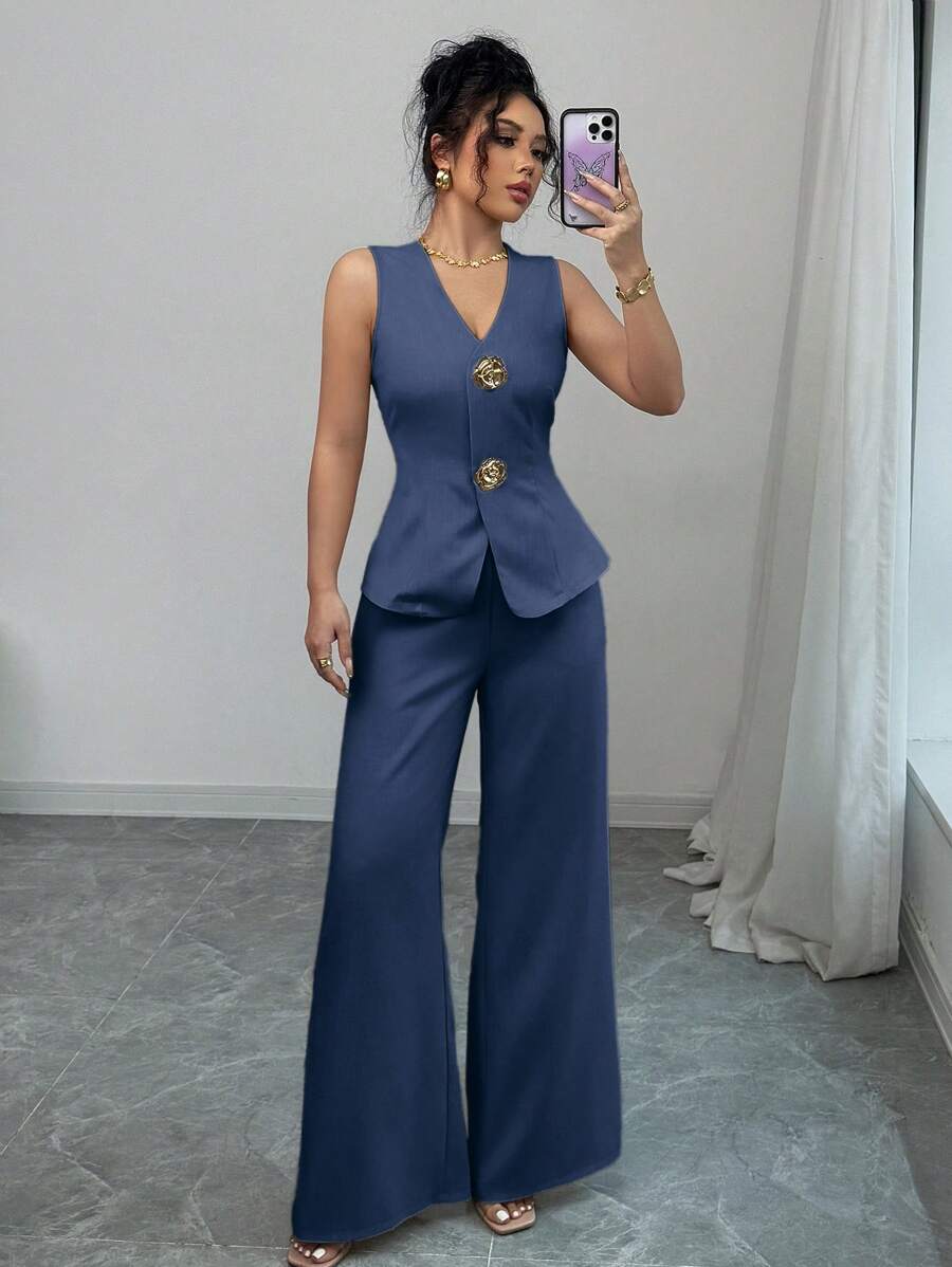 Selianne Bộ đồ vest công sở thanh lịch cổ chữ V màu trơn và quần ống rộng thường ngày cho quý cô - Màu xanh hải quân - Xem 1
