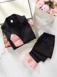 SHEIN 2pcs/Set Tween Girls Elegant Sweet Comfortable Satin Contrast Net Ruffle Hem Loungewear Set - Black - View 1