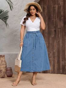 EMERY ROSE 大码女式腰带口袋休闲单排扣牛仔迷你裙 - 淺色水洗藍 - 查看 2