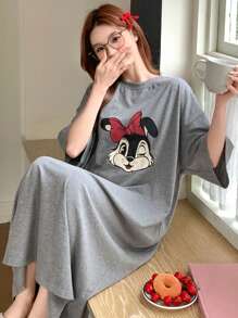 DAZY Cute Cartoon Pattern Printed Loose Nightgown Pajama - Grey - View 7