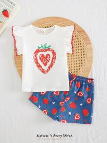 Cozy Pixies 2 Stücke Baby Mädchen Set mit Erdbeermuster, bestehend aus Rundhals-Top mit Kurzarm und Shorts mit elastischem Bund