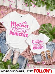 SHEIN Young Girl 1pc Casual Simple Letter Print Short Sleeve T-Shirt, Suitable For Summer Mother And Daughter Outfit>Regular Fitmommy And Baby Outfit