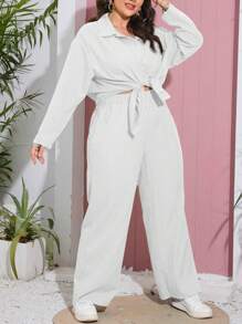 SHEIN Essnce Conjunto de 2 piezas talla grande, diseño de ola oceánica casual y cómodo - Blanco - Ver 4