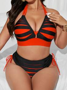 Swim SXY 2 piezas Traje de baño de vacaciones de verano para mujer de talla grande con escote halter y abertura con cordón, simple y de moda personalizada