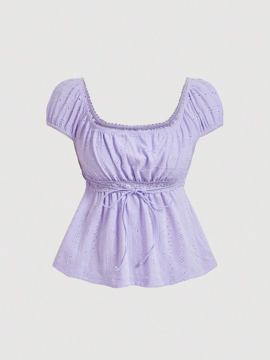 SHEIN MOD 盖袖收胸收腰镂空刺绣 T 恤 - 紫丁香色 - 查看 1