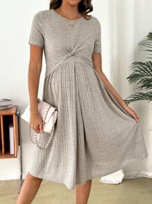 SHEIN Đầm bầu cho con bú cổ xoắn màu trơn đơn giản, mùa hè - Màu be - Xem 4